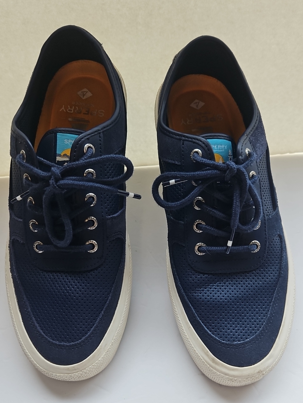 Sperry Men's Navy Perforated Lace-Up Boat Shoes with White Soles